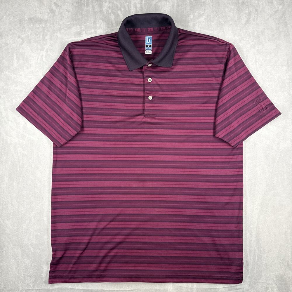 PGA TOUR Airflux Mens Large Burgundy Black Striped Performance Golf Polo Shirt